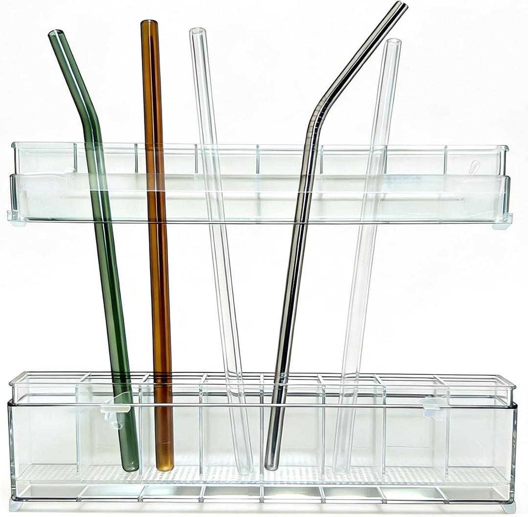 3 x 9.8 inch double-layer removable and washable Large Acrylic Cabinet Straw Holder Organizer with Traceless Nano Adhesive Space-Saving Storage Rack for Cabinet Door, Clear Straw Cabinet Holder