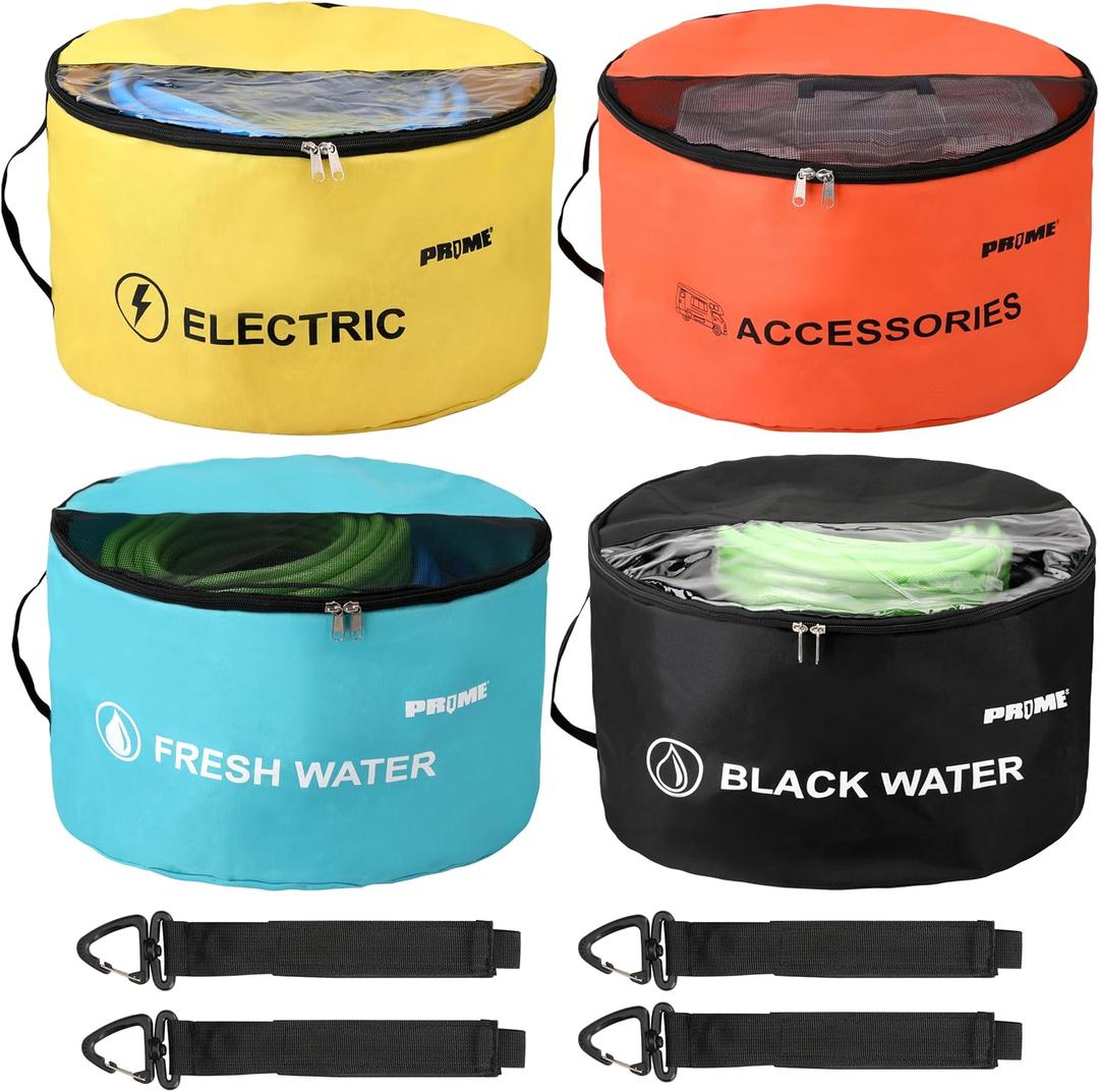 PR1ME 4 Pack Waterproof RV Hose Bag Storage, Two-Way Zipper Closures and Visible Cover, RV Utility Organizer for Sewer & Fresh Water Hoses, Electrical Cords & Camper Accessories, Color-Coded Design