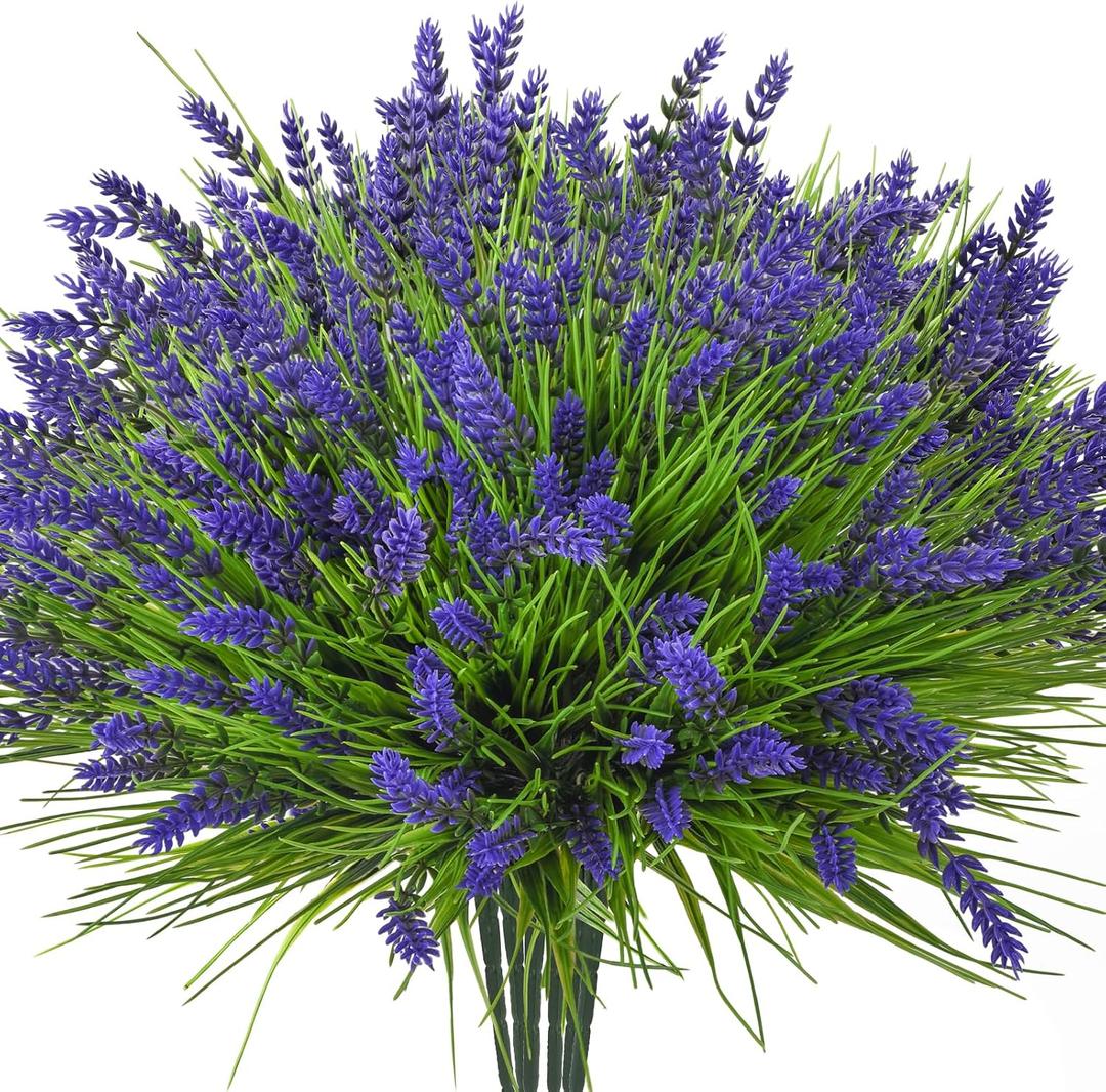 20 Bundles Artificial Plants Outdoor, UV Resistant Fake Flowers Realistic Faux Lavender Shrubs for Porch Garden Window Box Home Decoration (Purple)