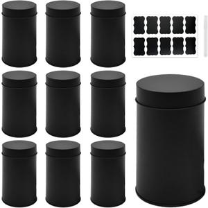 10 Packs Tea Tin Canister with Airtight Double Lids, 17 Fl oz Metal Tea Canisters, Round Tea Storage Organizer Can Box with 10 Stickers and 1 Erasable Chalk Marker (Black)