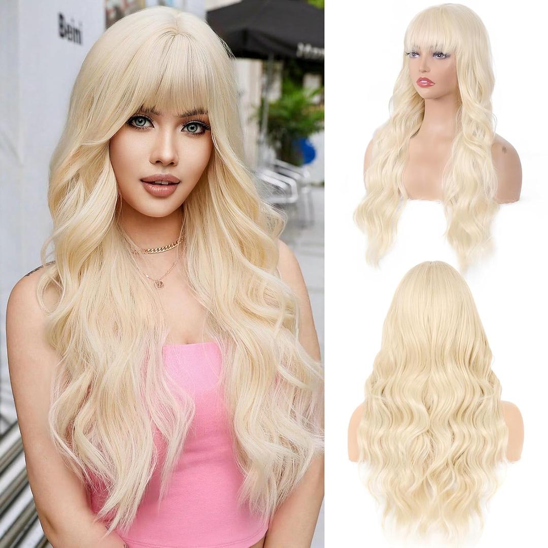 Blonde Wig with Bangs Long Blonde Wavy Curly Wigs for Women Heat Resistant Synthetic wig for Girls Daily Use Party Halloween Cosplay Wig 28inch