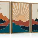 Large Boho Mountain Wall Art Set Modern Abstract Bohemian Wood Wall Decor Colorful Mid Century Neutral Artwork Sun and Moon Art Decor for Living Room Bedroom Office-16x24Inch x3