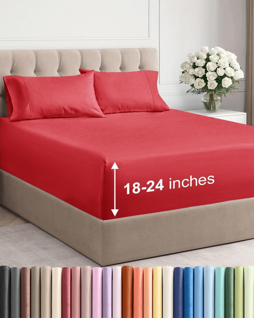 Extra Deep Pocket Queen Sheet Set - 4 Piece Breathable & Cooling Bed Sheets - Hotel Luxury Sheet Set - Ultra Soft, Wrinkle Free and Comfy - Easily Fits Extra Deep Mattresses - Deep Pocket Red Sheets