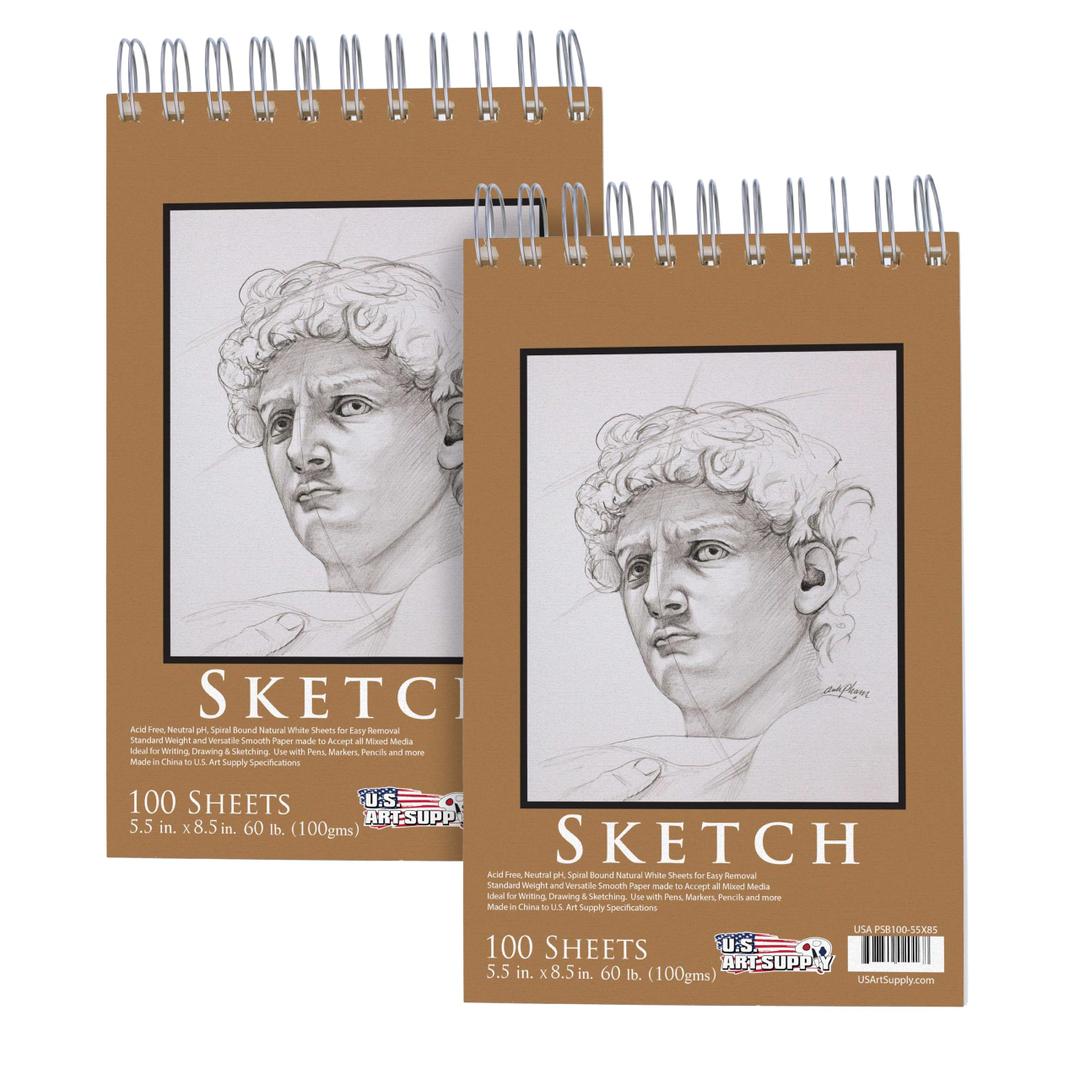 U.S. Art Supply 5.5"x8.5" Top Spiral Bound Sketch Book,100 Sheets 2-Pack
