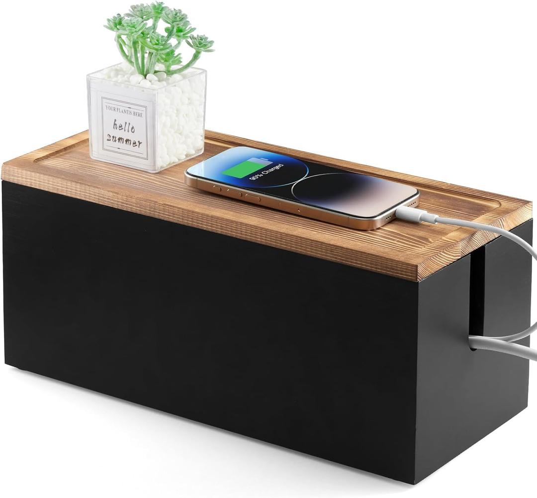 Wood Cable Management Box - Cable Organizer Box - 2 Open Slots Cords Hider Box - Under Desk Cord Organizer for Power Strip Extension Cord Surge Protector Charger Wire, Black (Medium)