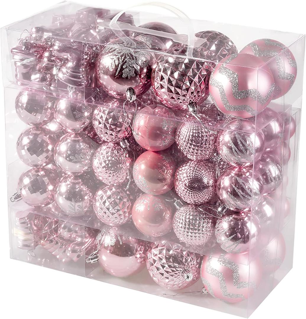 116Pcs Pink Christmas Ball Ornaments Set, Shatterproof Christmas Hanging Decoration Set with Gift Box, Assorted Decorative Baubles Set for Xmas Tree/Home/Wedding/Party/Holiday (Pink)