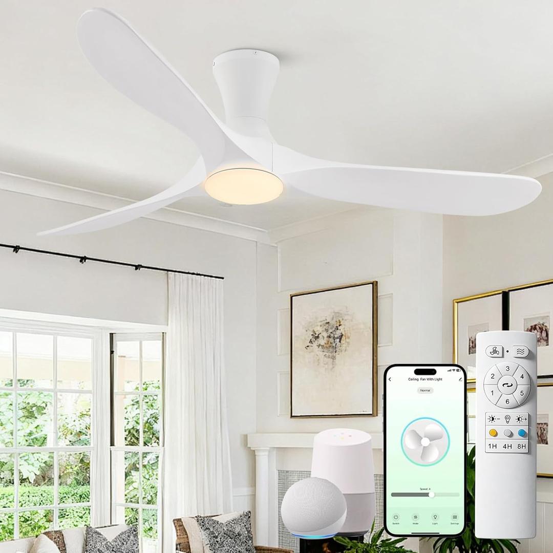 52 inch Smart White Ceiling Fans with Lights, Outdoor Flush Mount Low Profile Ceiling Fan with WIFI Alexa and App Remote Control, Quiet DC Motor, 3 Blades Wood Modern ceiling fan for Bedroom Patio