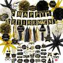 Retirement Party Decorations Set, Happy Retirement Banner, Photobooth Prop, Balloons, Pompoms, Hanging Swirls, Black and Gold, Rose Gold, Blue and Silver, 83 Pieces (Black & Gold)