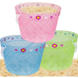 Zcaukya Easter Buckets, 3 Packs Clear Plastic Kids Easter Baskets with Handles, Empty Plastic Easter Pails for Easter Egg Hunt Party Favors, Green, Blue, Pink