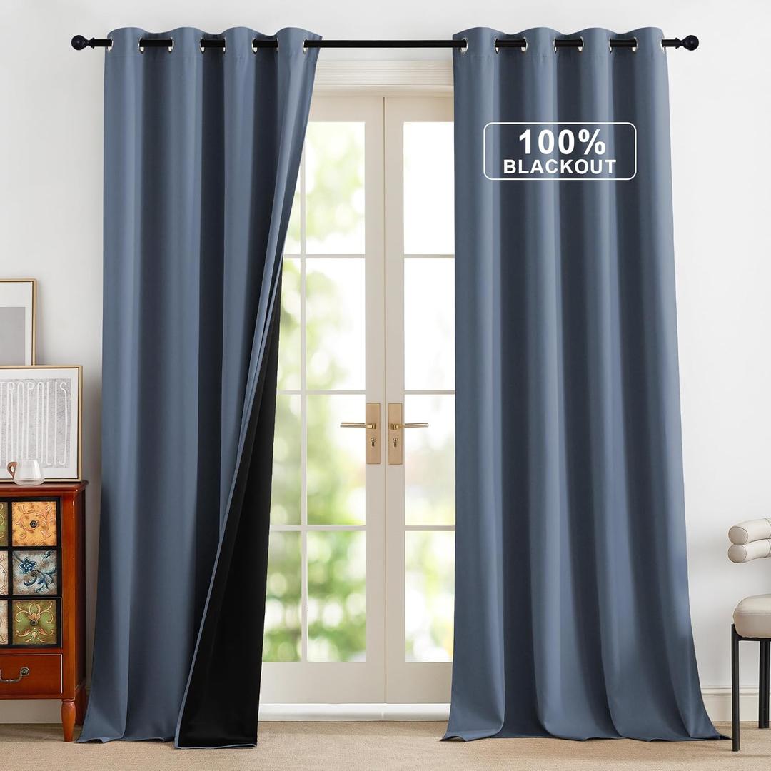 NICETOWN 100% Blackout Curtains 90 Inch Length for Bedroom, Privacy Thermal Insulated Grommet Room Darkening Window Drapes for Living Room, 2 Panels, Stone Blue, 52 x 90 Inch