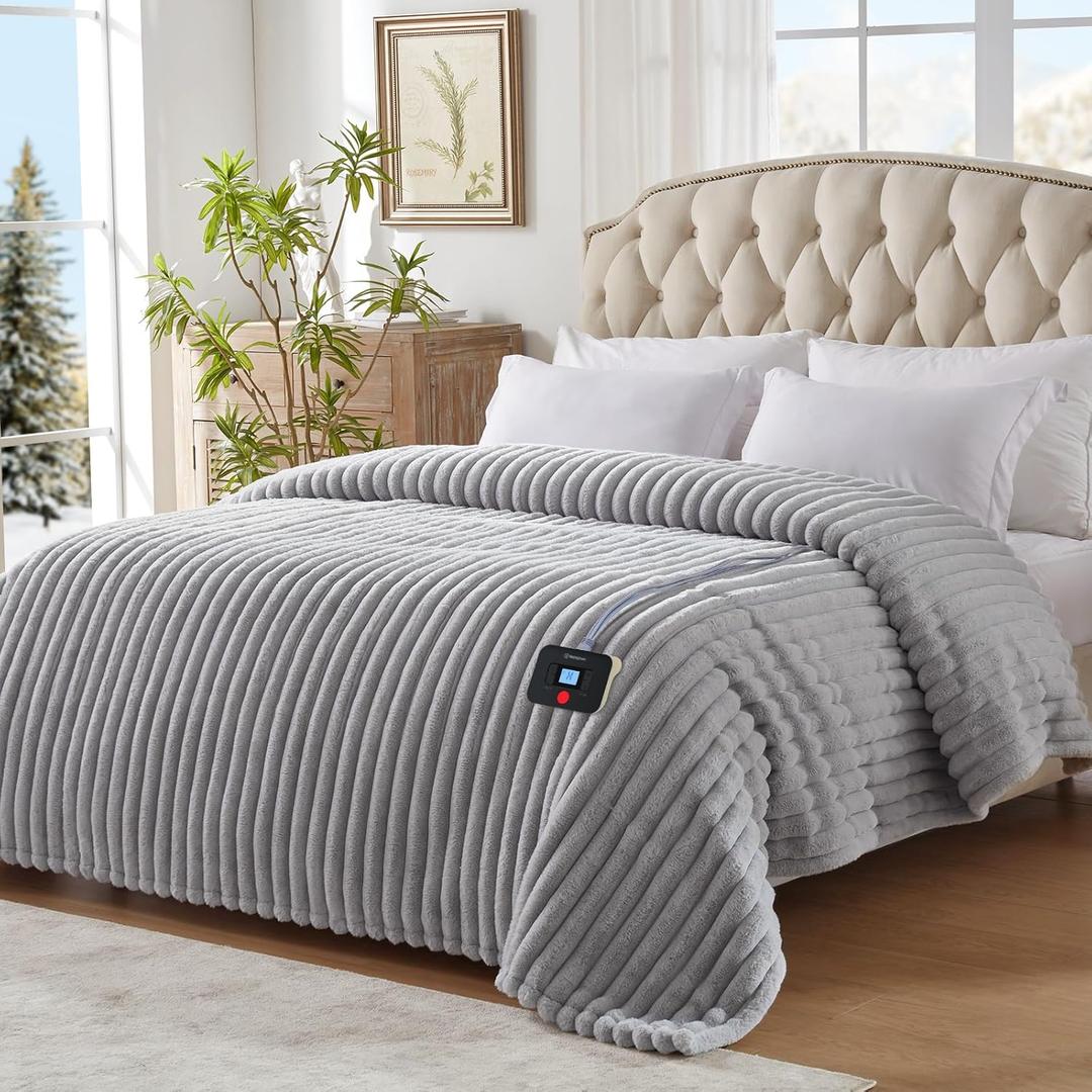 Westinghouse Electric Blanket Full Size, Super Cozy Luxury Faux Fur & Sherpa Heated Blanket with 10 Heating Levels & 1-12 Hours Auto Off, Fast Heating Blanket, Machine Washable, 80x 84 Inch Light Grey