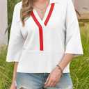 Saodimallsu Womens Short Sleeve Sweater Tops V Neck Collared Oversized Color Block Casual Summer Knit Polo Shirts