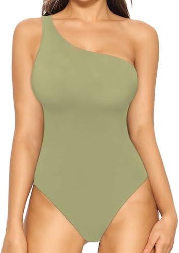 MANGOPOP Women's One Shoulder Tank Top Bodysuit Sexy Sleeveless Long Sleeve Backless Body Suits Off Shoulder Going Out Tops, XL