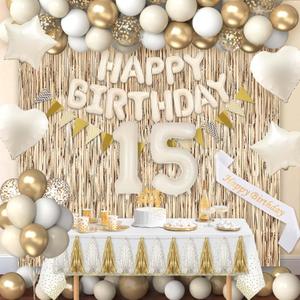 15th Birthday Decorations for Girls, White and Gold 15 Boho BD Party Supplies Includes Biege, Banner, Fringe Curtain, Sash