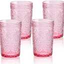 Vintage Drinking Glasses Set of 4-12 OZ Pink Embossed Old Fashioned Water Glasses Tumblers for Whisky, Beer, Juice, Beverages, Cocktail