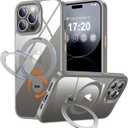 360 Rotatable Magnetic Stand for iPhone 14 pro max Case Compatible with Mag-Safe 16FT Military Drop Protection, Anti-Scratch/Fingerprint Shockproof iPhone 14 pro max Phone Case(Clear-Grey)