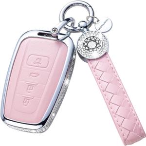 Compatible with Toyota Key Fob Cover with Keychain, Pink Genuine Leather Crystal Key Case Protection Shell for 2018-2022 Camry RAV4 Highlander C-HR Prius Corolla Avalon GT86