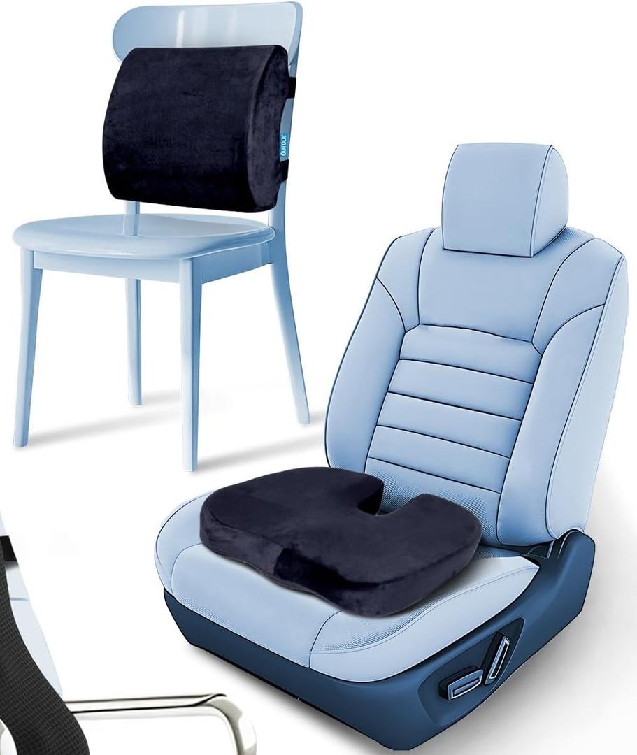 QUTOOL Orthopedic Seat Cushion and Lumbar Support Pillow for Office Chair & Car, Memory Foam with Washable Cover Ergonomic Desk Chair Cushion for Tailbone, Lower Back Pain, Sciatica Relief