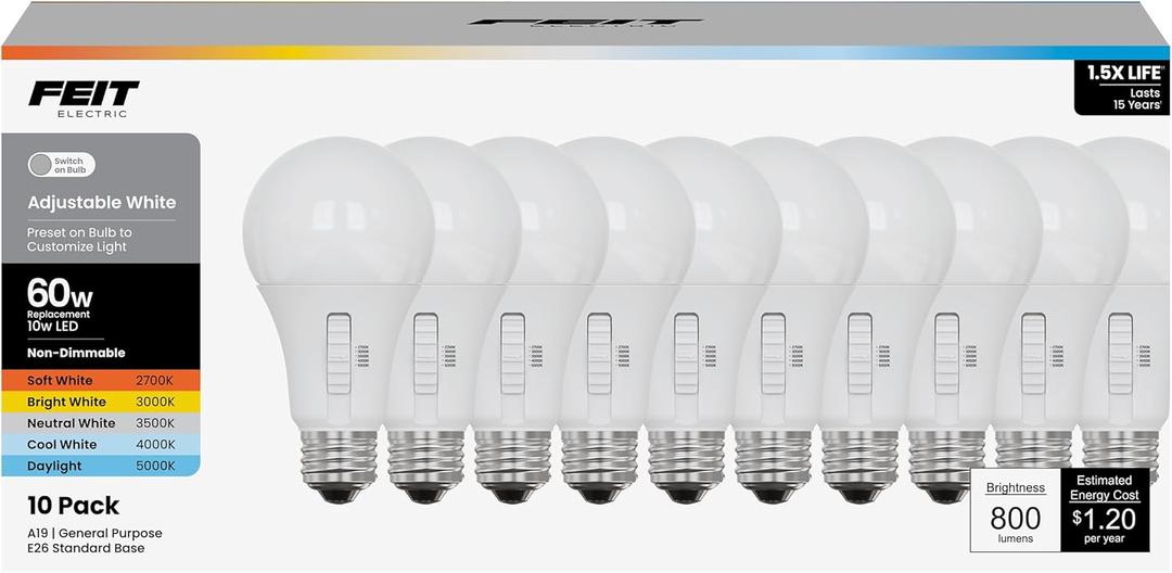 Feit Electric A19 LED Light Bulb, 60W Equiv, Non-Dimmable, Selectable Color Temperatures (2700K-5000K), 800 Lumens, General Purpose Light Bulbs, 17,000-Hour Lifetime, OM60/5CCT/15KLED/10, 10 Pack