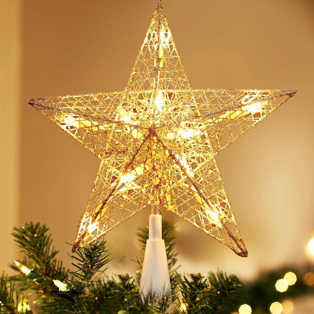 BrizLabs Christmas Star Tree Topper Lights, Plug in 9 Pentagram Xmas Treetop Light, UL Certified 10 Warm White Star Topper Lights for Home Indoor Holiday Party Christmas Tree Decorations