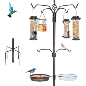 Bird Feeding Station Kit, 94 Inch Bird Feeder Pole Stand for Outdoors Hanging with 4 Feeders, Metal Suet and Bath Tray for Wild Birds Watching
