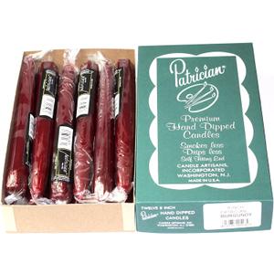 patrician 8in Burgundy Taper Candles Made in USA. 12 Count