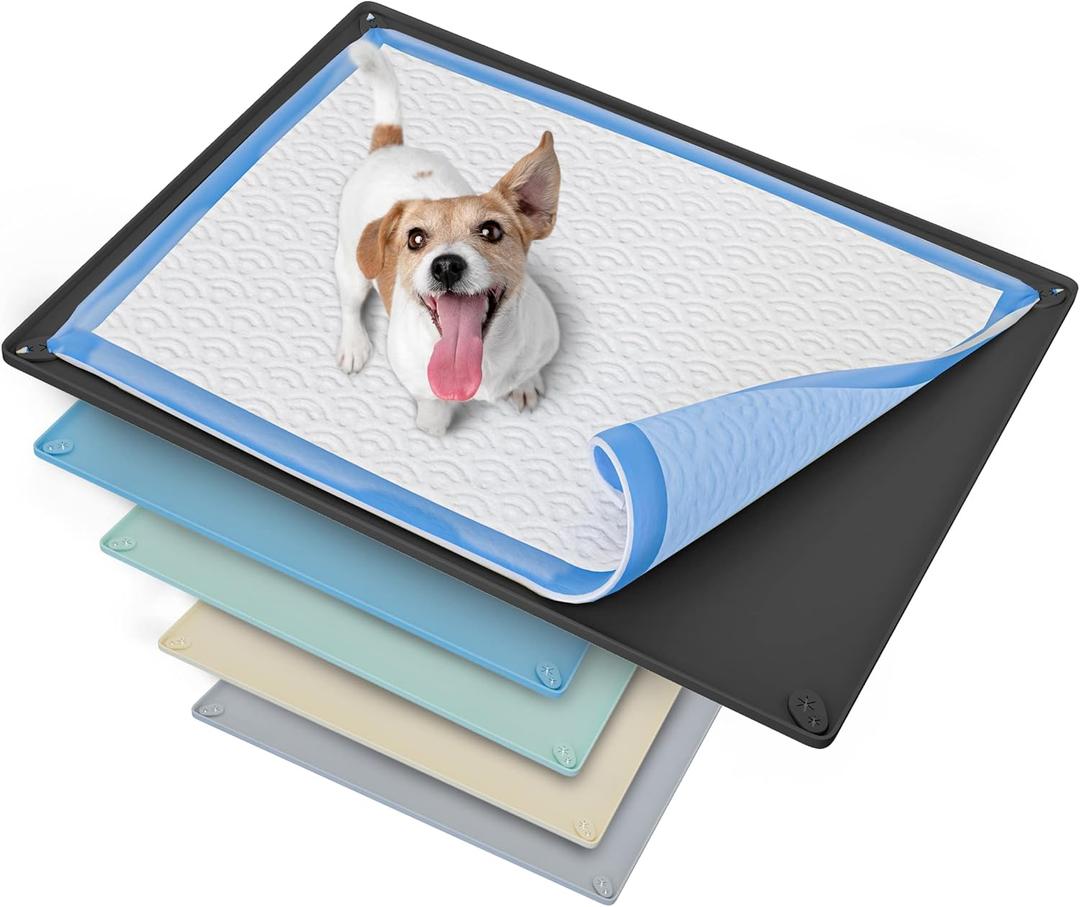 TidyFriend Dog Pee Pad Holder Tray Fits for 30 x 23 Pee Pads with Corner Lock Holes, Raised Edges, Non-Spill, Easy to Clean Silicone Dog Potty Tray Holder, For Indoor Floor Protection (Black)