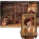Motipuns Western Party Decorations Wanted Poster Frame Wild West Backdrop Cowboy Photo Booth Set 7 x 5 ft Rustic Barn Door Vintage Background for Birthday Rodeo Party