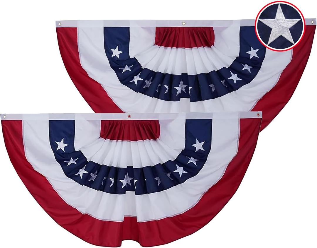 American Bunting Flags Outdoor 3x6 ft 2 Pack, Heavy Duty Embroidered Flag Buntings for Outside Use, Patriotic Bunting Banner US Pleated for 4th of July 250th Anniversary