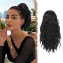 FESHFEN Ponytail Extensions - Drawstring Ponytails Hair Extension Short Curly Wavy Hair Piece Synthetic Black Pony Tail Hairpieces for Women, Natural Black 12 inch