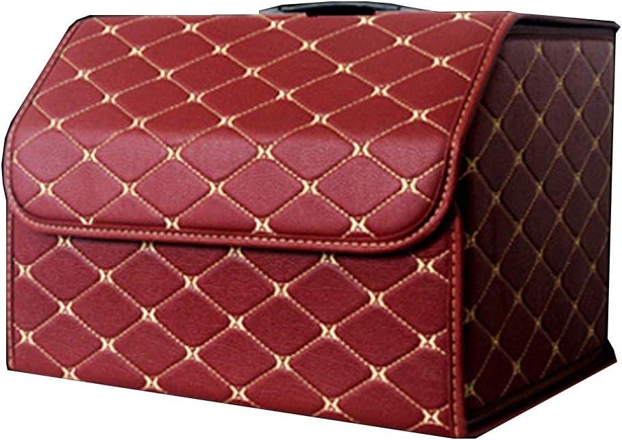PME Car Truck Organizer with Cover/Single Plastic Handle, Heavy Duty PU Leather Portable Cargo Storage Box Seat Back Container Foldable Auto Car Backseat Organizer Red - Size M