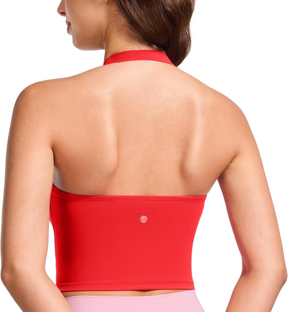 CRZ YOGA Butterluxe Halter Crop Tank Tops for Women - Open Back Padded Longline Sports Bras Workout Gym (Small, Deep Red)