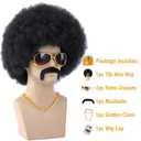 morvally 70s Black Afro Wig for Men with Glasses Chain and Mustache Mens Short Black Curly Disco Costume Wigs 70's 80s Hippie Rocker Funny Cosplay Synthetic Wigs for Halloween Party