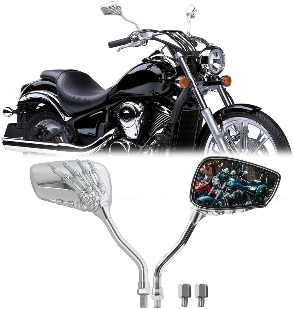 Chrome 8mm/10mm Motorcycle Skull Skeleton Rearview Side Mirrors Compatible with Honda Yamaha Kawasaki Suzuki Aprilia