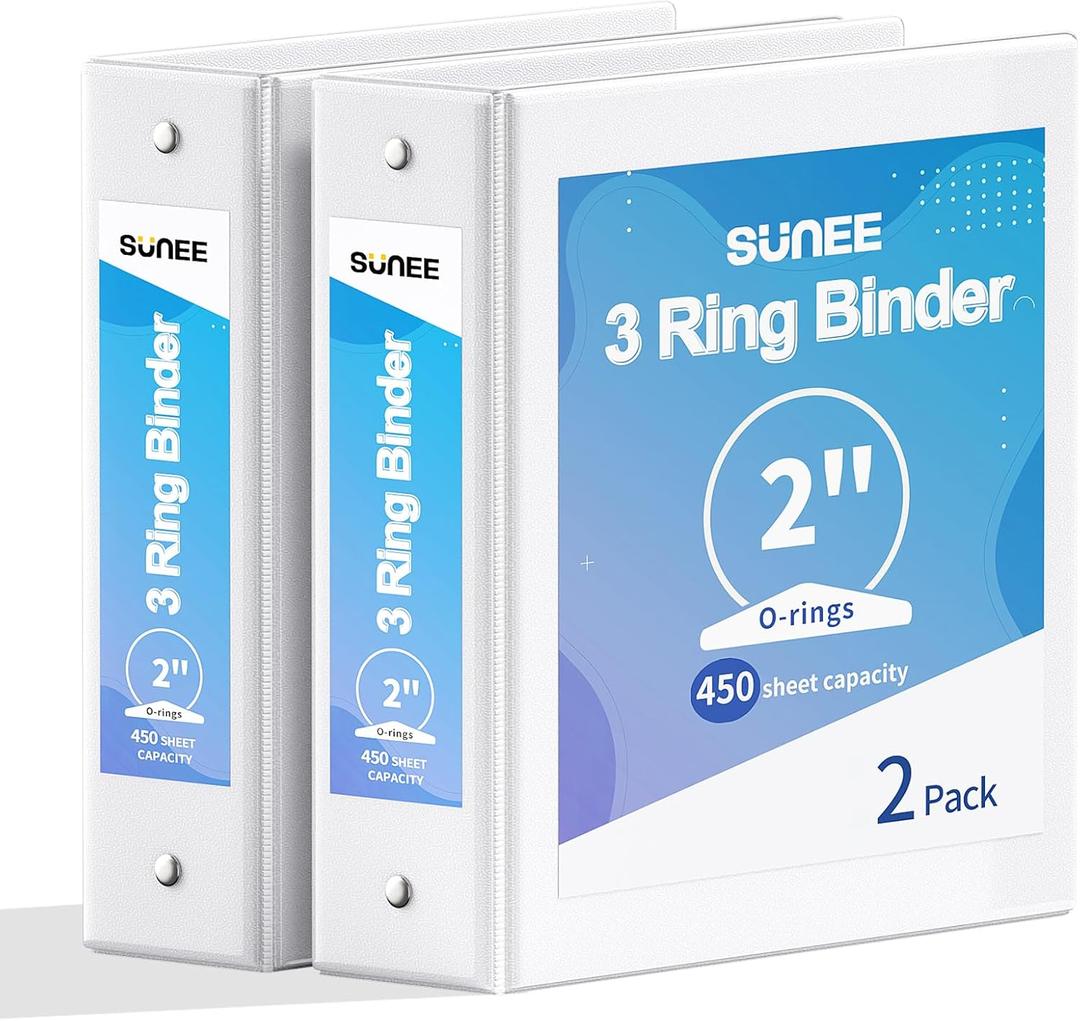 SUNEE 3 Ring Binder 2 Inch 2 Pack, Clear View Three Ring PVC-Free (Fit 8.5x11 Inches) for School or Office Supplies, White