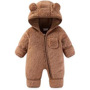AiWMGL Newborn Baby Bear Outfit With Fold-Over Mittens and Footies Girls Boys Winter Fleece Clothes Hooded Romper Snowsuit 6-9 MO