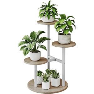 INGIORDAR Plant Stand Indoor Outdoor Corner Plant Shelf for Multiple Flower Pots Flower Stand Holder for Patio Garden Balcony Living Room (White+Sonoma Oak, 4 Tier)