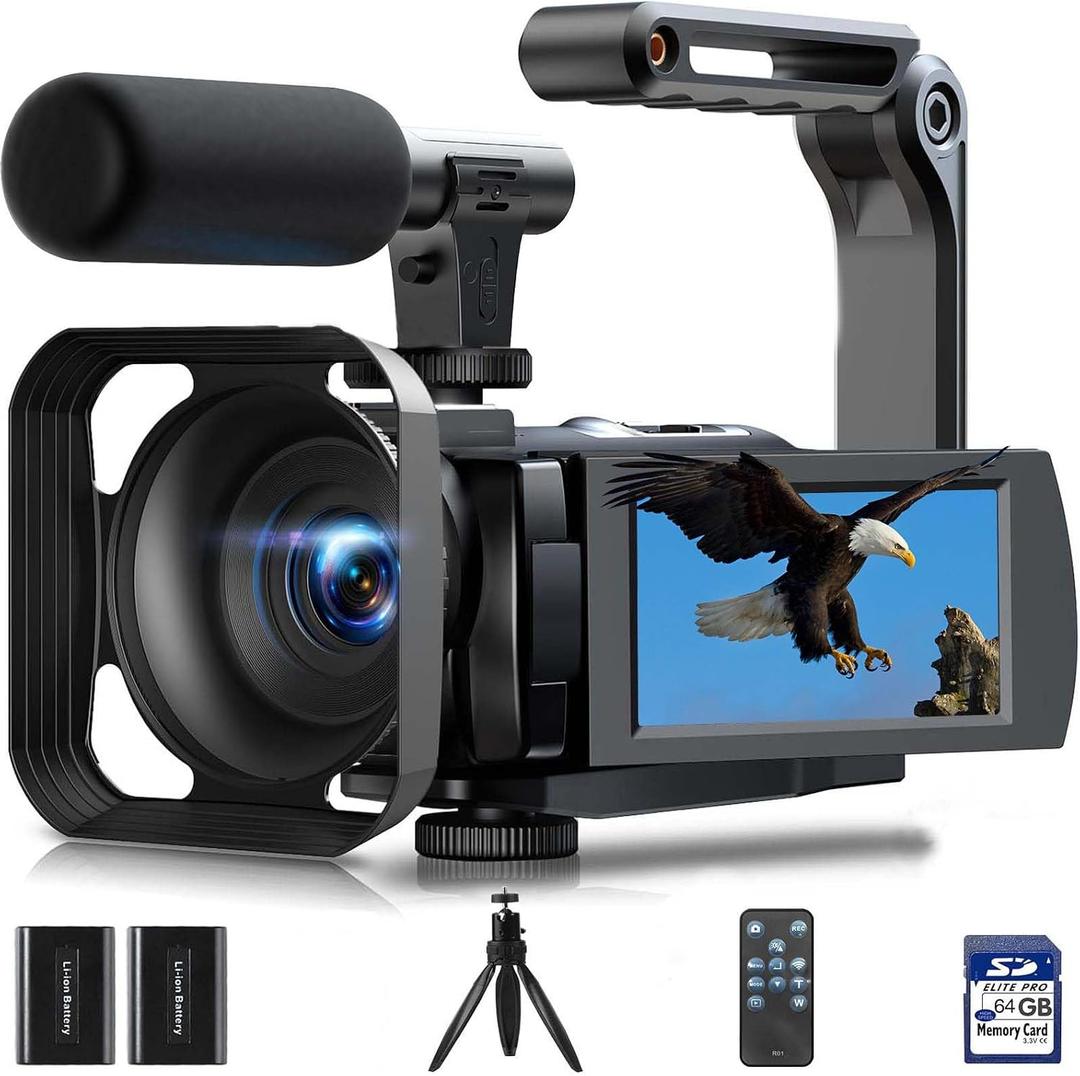 Camcorder Video Camera 5K 56MP Vlogging Camera for YouTube with 3" 270 Flip Touchscreen, Night Vision, WiFi, Webcam, Microphone, 64GB Card, Batteries, Remote, Tripod - Beginner Content Creator Kit