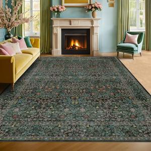 Vintage Washable Dark Green 10x14 Rug for Living Room - Extra Large Area Rug for Dining Room Under Table, Soft Low Pile Carpet for Bedroom - Vintage Floral Design Non-Slip (10x14 Dark Green)