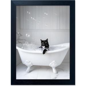 Framed Black Cat Bathroom Decor Funny Animal Bathroom Wall Art Black and White Canvas Print Artwork for Wall (10"L x 8"W, JJ002)