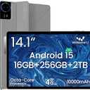 14 Inch Android 15 Tablet, 16GB RAM+256GB ROM, 1920x1200 FHD IPS Display, Widevine L1, 10000mAh Battery, 4G LTE, Wi-Fi & Bluetooth 5.0, Multi-Angle Stand Case & Stylus Pen,6ft Type-C Cable - Gray