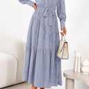 dowerme Women's Casual Dresses 2025 Fall Fashion Long Sleeve Button Up Floral Print Belted Tiered Boho Maxi Party Dress (S)