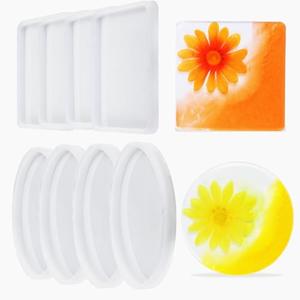 AOEDEO 8 Pack Thick 4 inches Coaster Molds Set - 4 Pack Round & Square Silicone Coaster Molds for Resin Casting