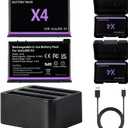 Fantasyo X4 Battery 2 Packs of 2500mAh + 1 Triple Channel Fast X4 Battery Charge Hub, X4 Replacement Battery with X4 Charging Cable & X4 Battery Charger, Only Compatible with Insta360 X4 Camera