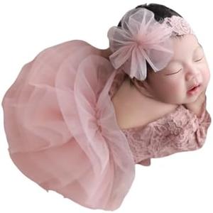 Newborn Photography Outfits Girl, Baby Girl Photoshoot Props, Lace Romper with Headband for 0-3 Months Newborn Pink