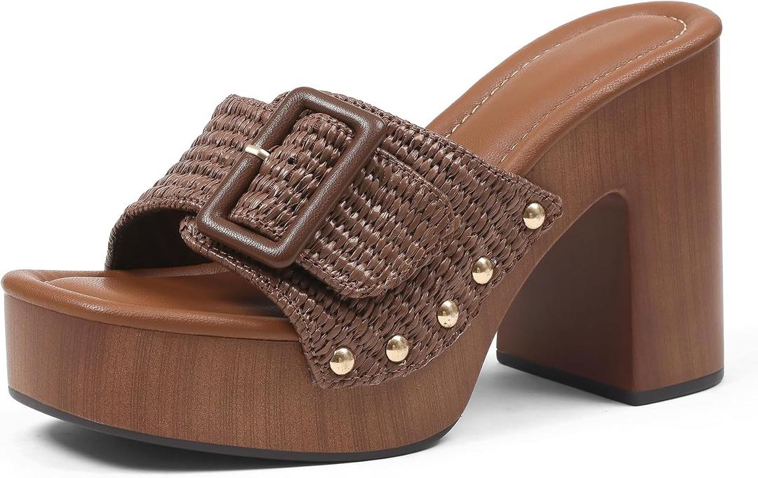 Oiamenne Raffia Heeled Sandals for Women Platform Sandals Square Open Toe High Block Heeled Sandals Slip On Slides Mules for Party Dressy Shoes, Size 10