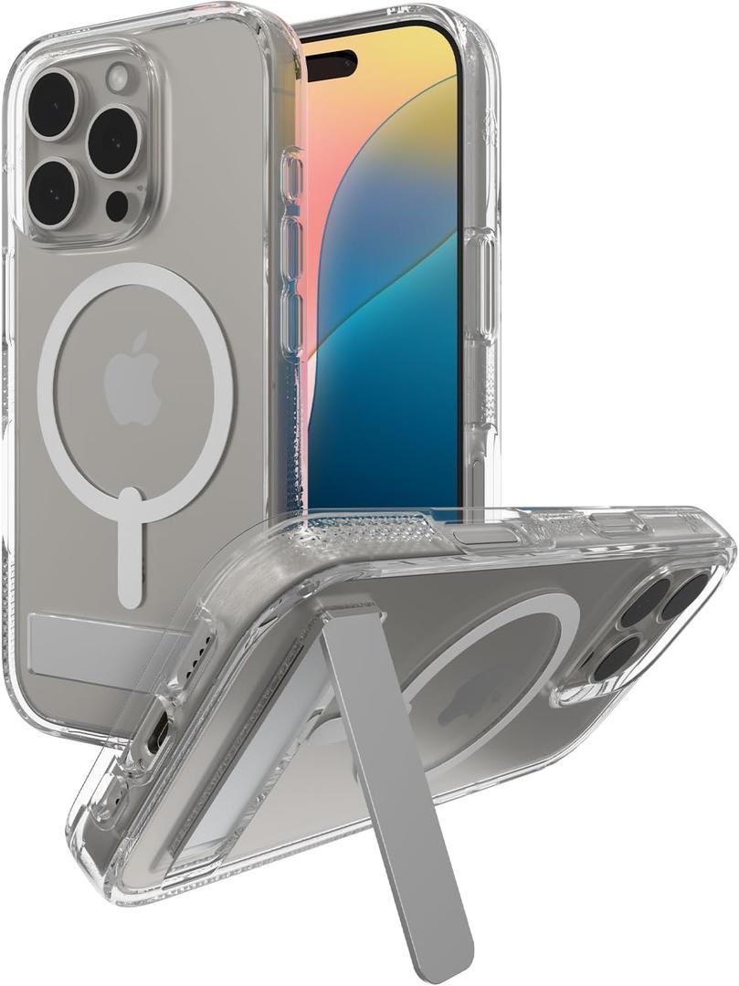 ZAGG Crystal Palace Snap with Kickstand Case for iPhone 16 Pro - MagSafe & Wireless Charging Compatible, Survives Drops Up to 13ft, Textured Grip, Eco-Friendly, Clear