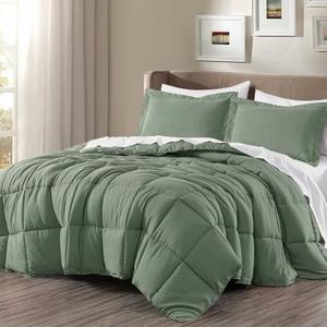 TRP 3-Piece Luxury Microfiber Fluffy Down Alternative Comforter Set Queen Size | Plush Soft Cozy Sage Green Solid Color Box Stitch Pattern Fall Western Bedding | Lightweight Fuzzy Texture Piped Edges