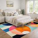 9x12 Colorful Area Rug Modern Abstract Orange Yellow Pink Blue White Beige Black Bedroom Rug Low Pile Thin Large Carpet Living Room Non Slip Dining Room Stain Resistant Office Washable Machine