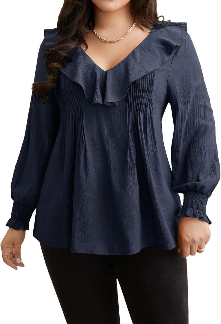 Womens Indigo Solid Texture Pleated Ruffle Trim Blouse V Neck Long Sleeve Top Casual Shirt, XL